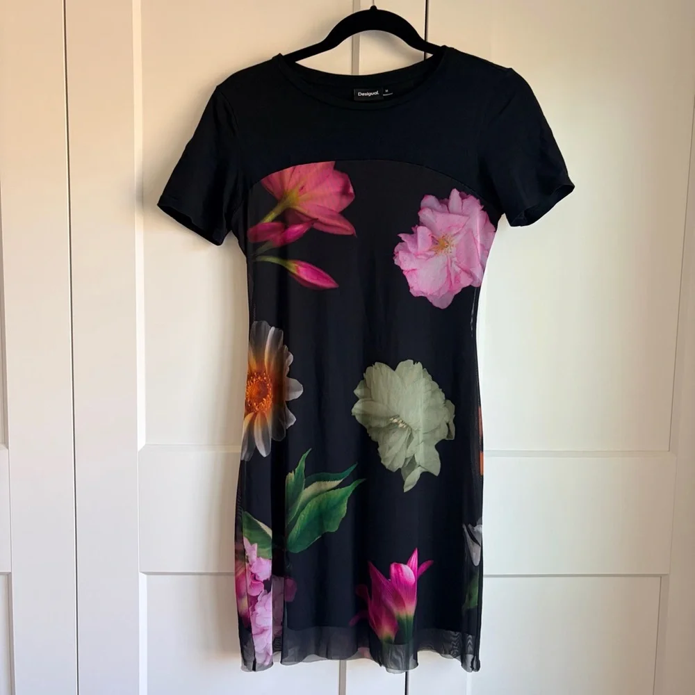 Desigual Black Mini Dress with Pink and Green Floral Print | M - Picture 3 of 6